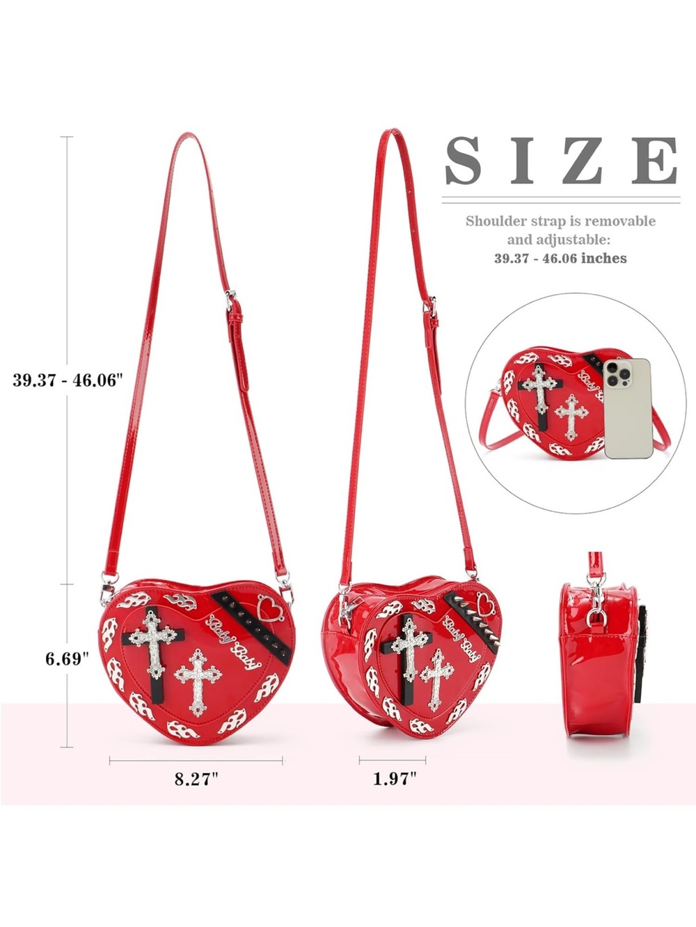*NWOT* Gothic Punk Crossbody Bag Cute Heart Shaped Studded Shoulder Bag Purse - Picture 6 of 17